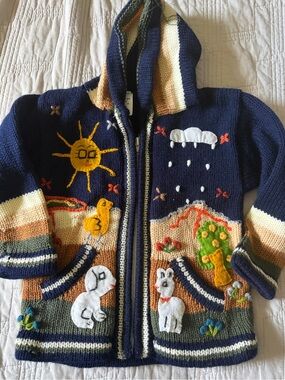 Navy Hooded Kids Zip Sweater with Playful Appliqués